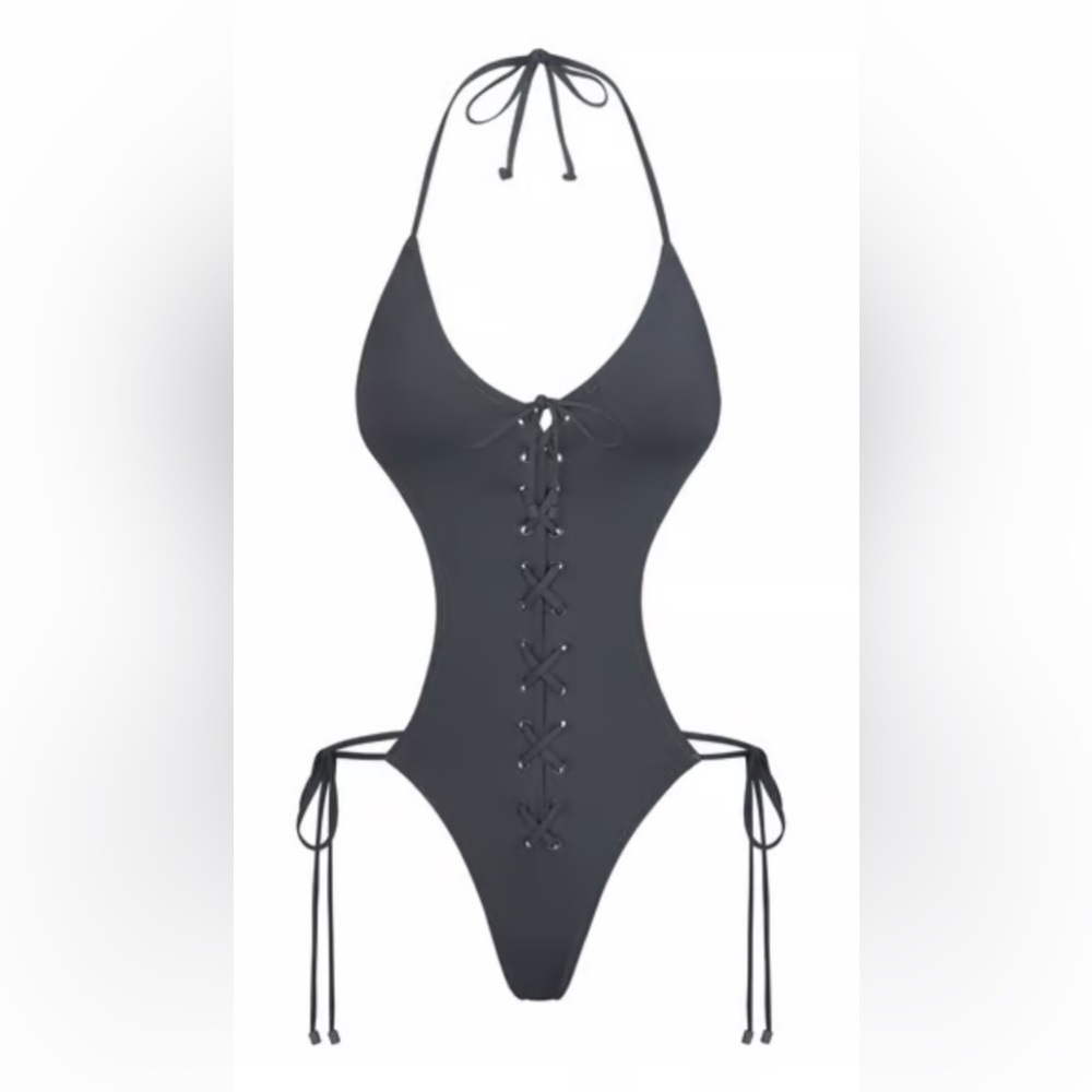 Skims Recycled Swim Lace Up Monokini Onyx M (OP-BRF-2794). NWT